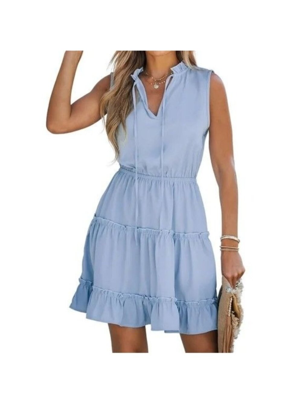 Cupshe Sleeveless Light Blue Tiered Dress With Ruffled Neckline Size Small